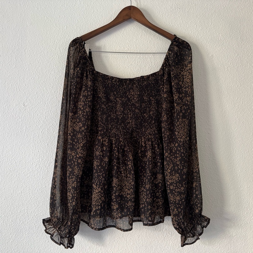 Mittoshop Floral Smocked Long Sleeve Black Tan Top Large Boho Cottagecore - Picture 14 of 16